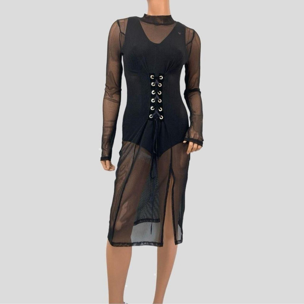 Y2K Black Sheer Mesh Corset Dress Velvet Trim Lace Up Front Fairygrunge Goth S